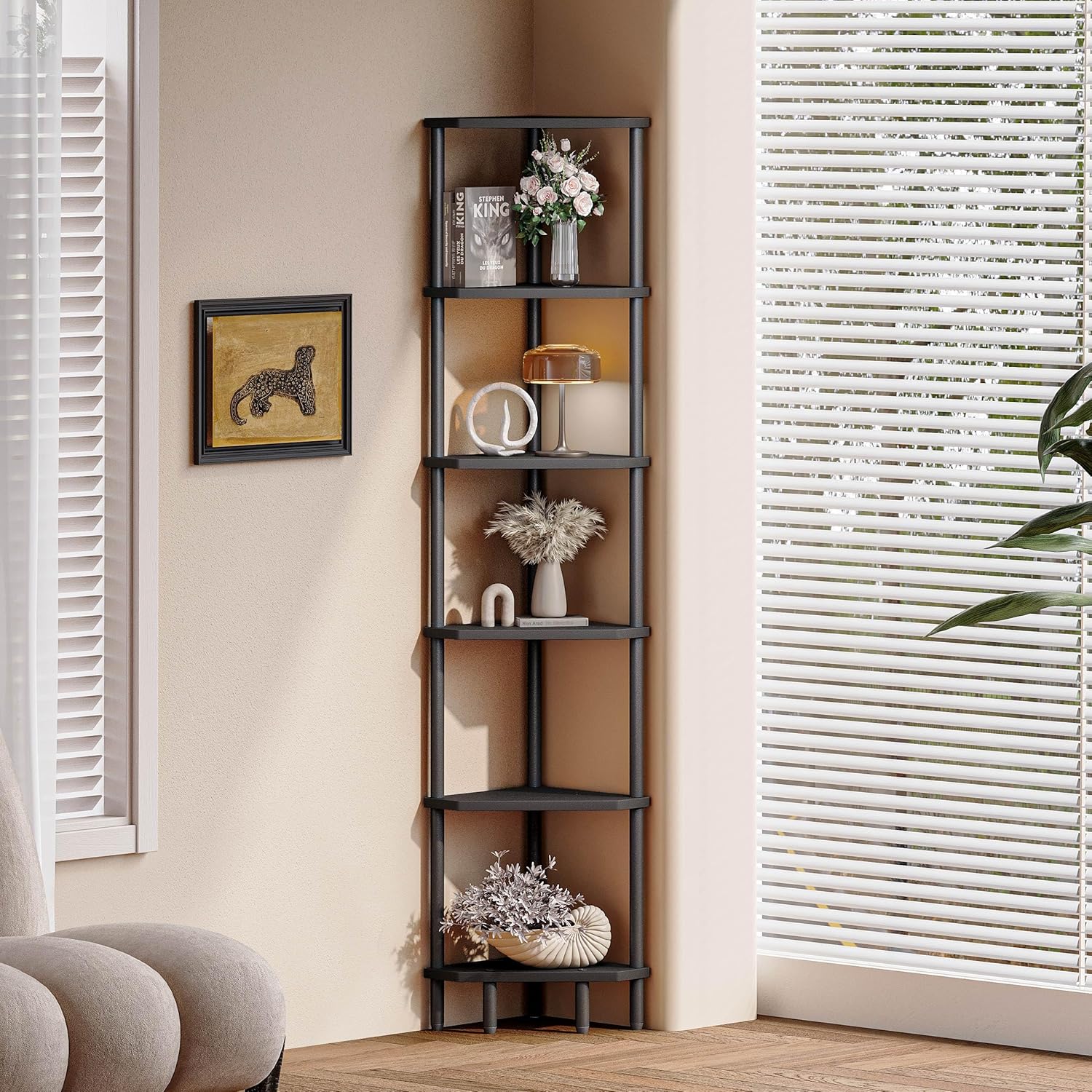 6-Tier Black Corner Shelf, Tall Display Bookshelf & Plant Stand