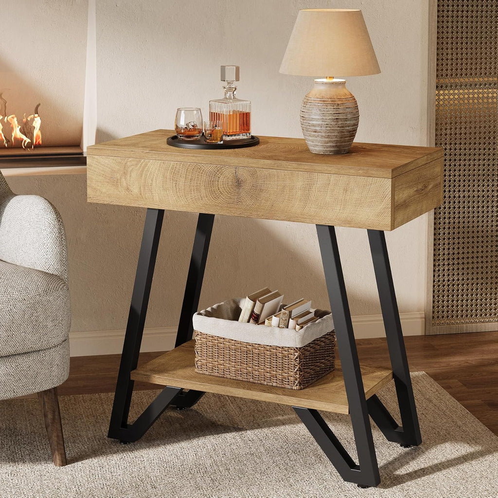 Tribesigns Metal End Side Table for Living Room, 2-Tier Narrow Couch Side Table with Storage Shelves, Small Bedside Nightstand for Bedroom, Small Spaces, Natural