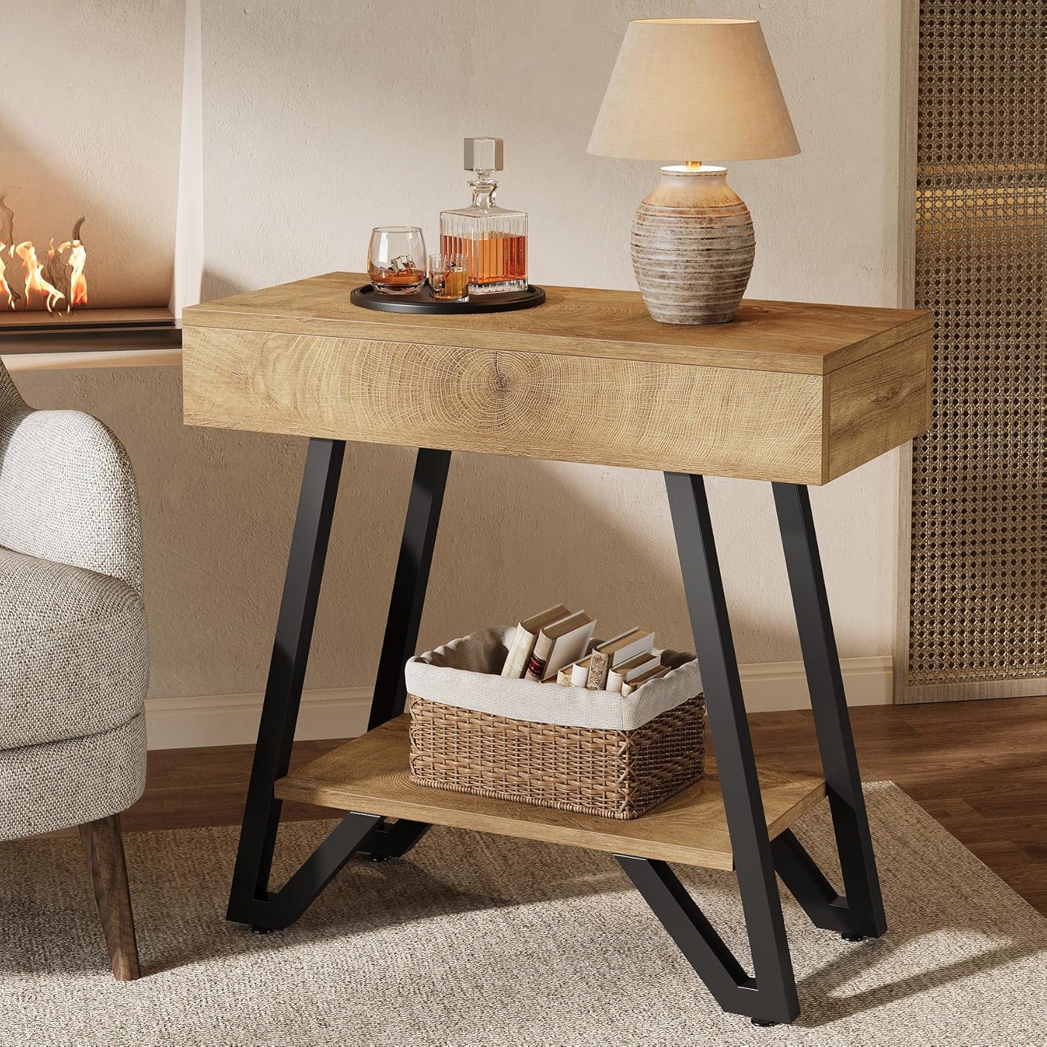 Tribesigns Metal End Side Table for Living Room, 2-Tier Narrow Couch Side Table with Storage Shelves, Small Bedside Nightstand for Bedroom, Small Spaces, Natural