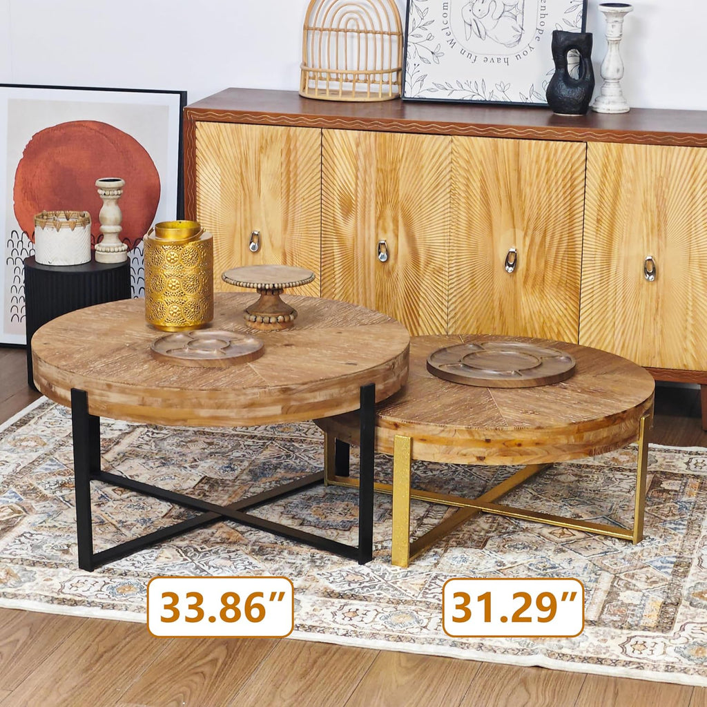 31.29" Splicing Round Coffee Table, Wood Top & Black Legs