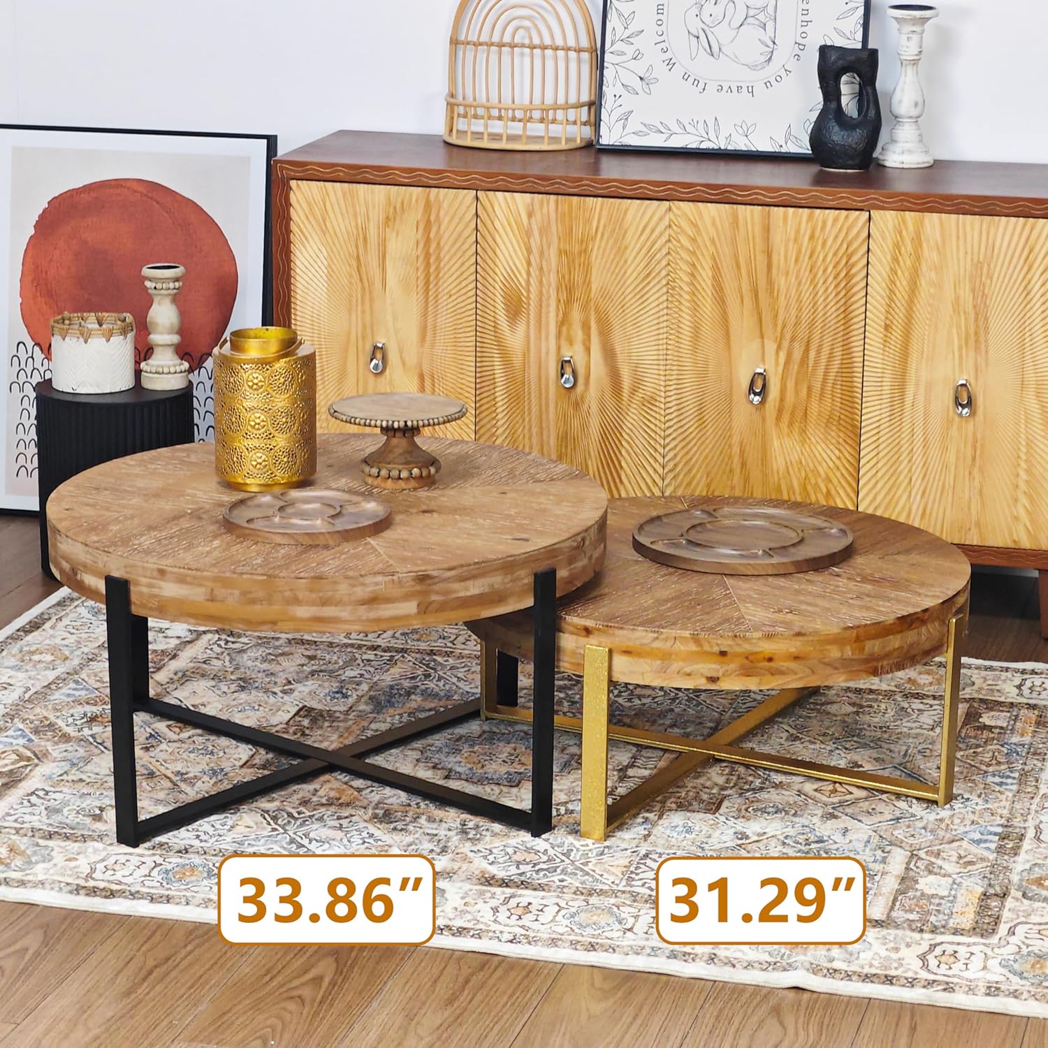 31.29" Splicing Round Coffee Table, Wood Top & Black Legs