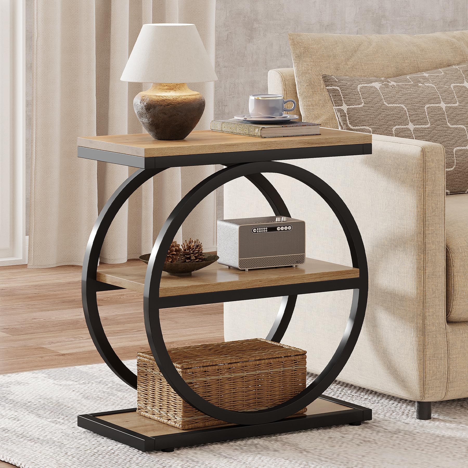 Tribesigns End Table, Narrow End Table with 3 Storage Shelves, Wood Side Table with Black Metal Frames, Industrial Small Sofa Side Table for Living Room, Grey Nightstand and Bedside Table for Bedroom
