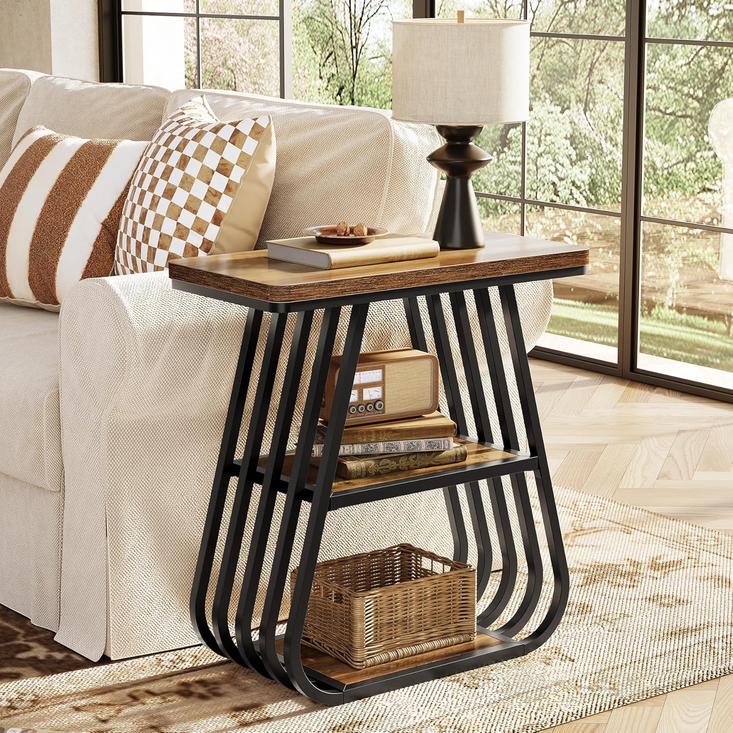 LITTLE TREE End Table for Living Room, 3-Tier Side Table for Small Spaces, Industrial Narrow Side Table with Storage Shelf in Oak Brown and Black (Set of 2)