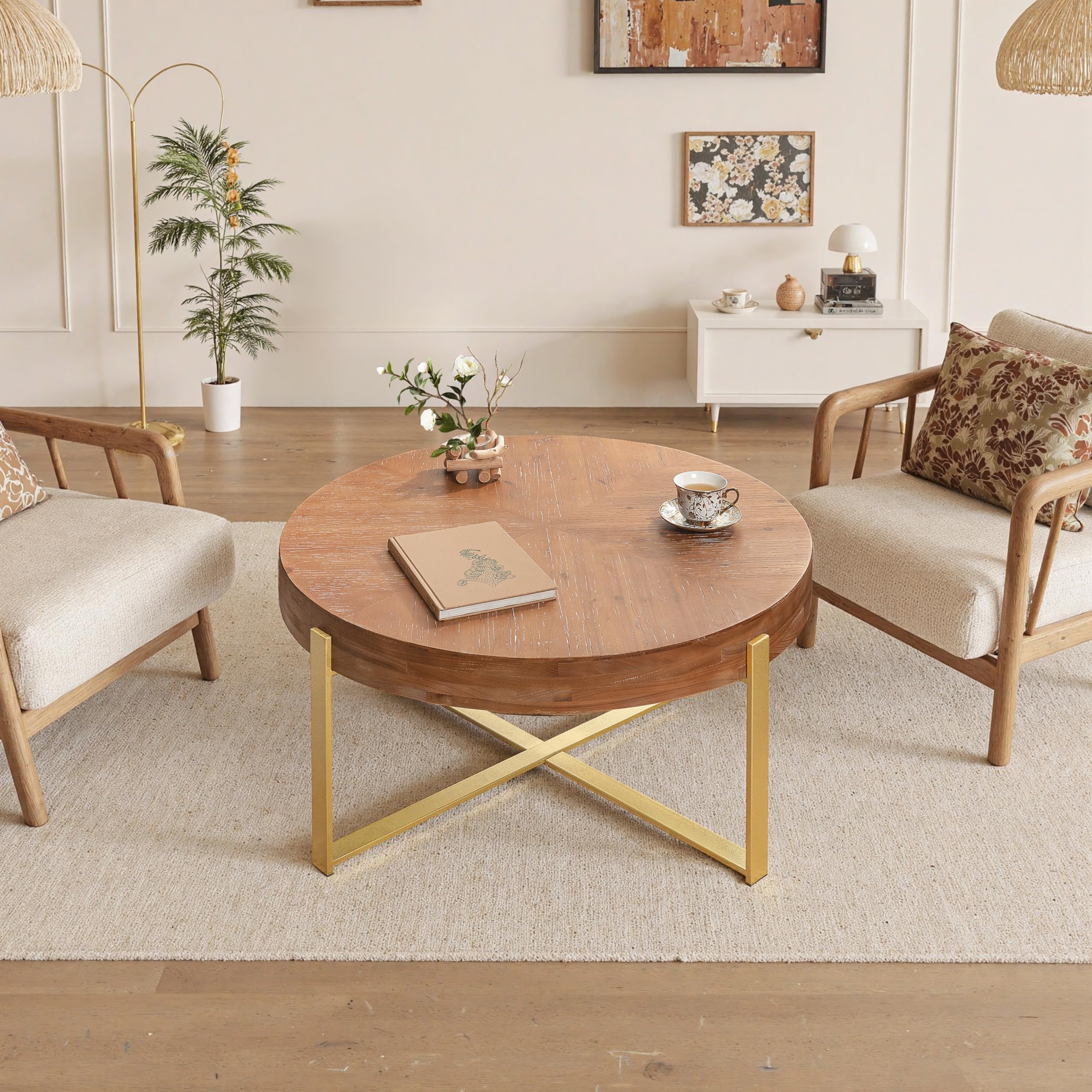 31.29" Splicing Round Coffee Table, Wood Top & Black Legs
