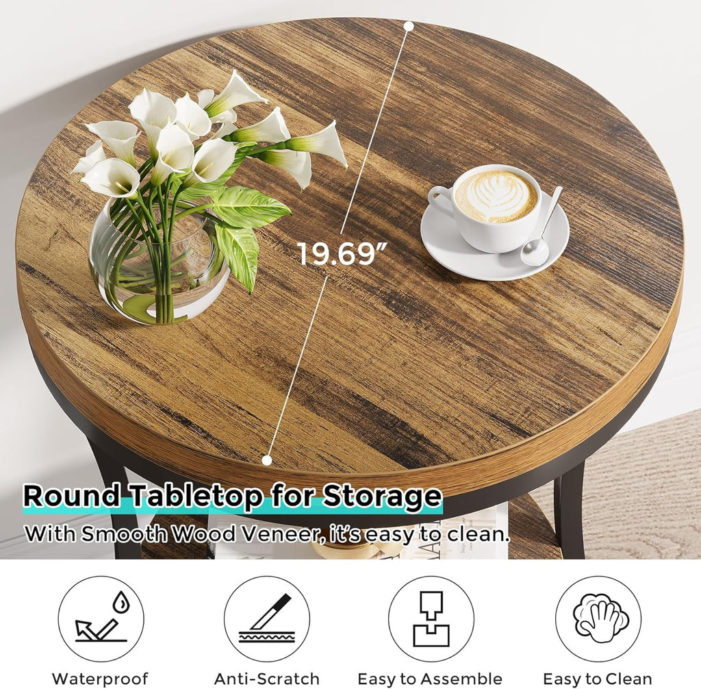 Round End Table, 2 Tier Industrial Side Table, Accent Bedside Table Nightstand with Metal Frame for Living Room, Bedroom, Small Spaces, Easy Assembly, Rustic Brown & Black