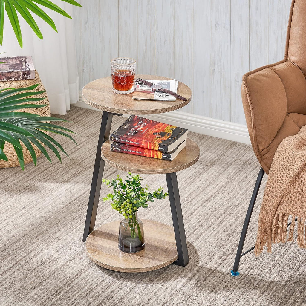 BEWISHOME Round End Table Side Table with Metal Frame, Accent Table Nightstand Bedside Table with 3-Tier Shelves, Small Couch Coffee Table for Living Room Bedroom Greige KTZ41G
