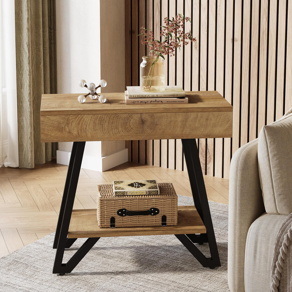 Tribesigns Metal End Side Table for Living Room, 2-Tier Narrow Couch Side Table with Storage Shelves, Small Bedside Nightstand for Bedroom, Small Spaces, Natural