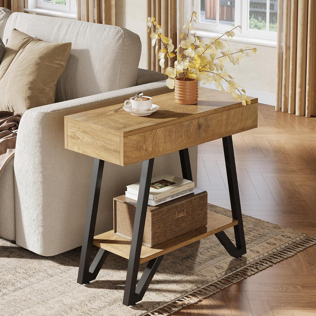 Tribesigns Metal End Side Table for Living Room, 2-Tier Narrow Couch Side Table with Storage Shelves, Small Bedside Nightstand for Bedroom, Small Spaces, Natural