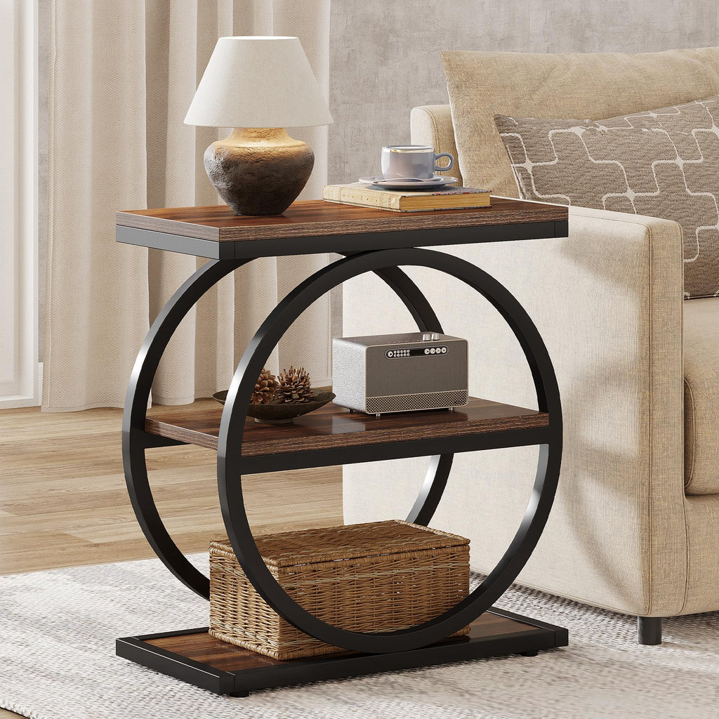 Tribesigns End Table, Narrow End Table with 3 Storage Shelves, Wood Side Table with Black Metal Frames, Industrial Small Sofa Side Table for Living Room, Grey Nightstand and Bedside Table for Bedroom