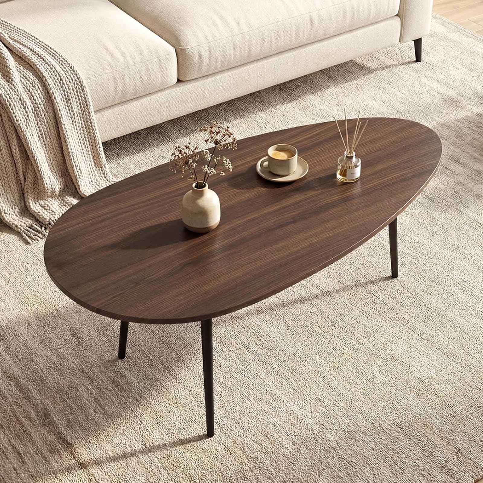 Giantex Oval Coffee Table, Mid Century Modern Center Table with Sturdy Metal Frame and Compact Design, Vintage Accent Cocktail Tea Table, Wood Living Room Tables for Small Spaces (Black)