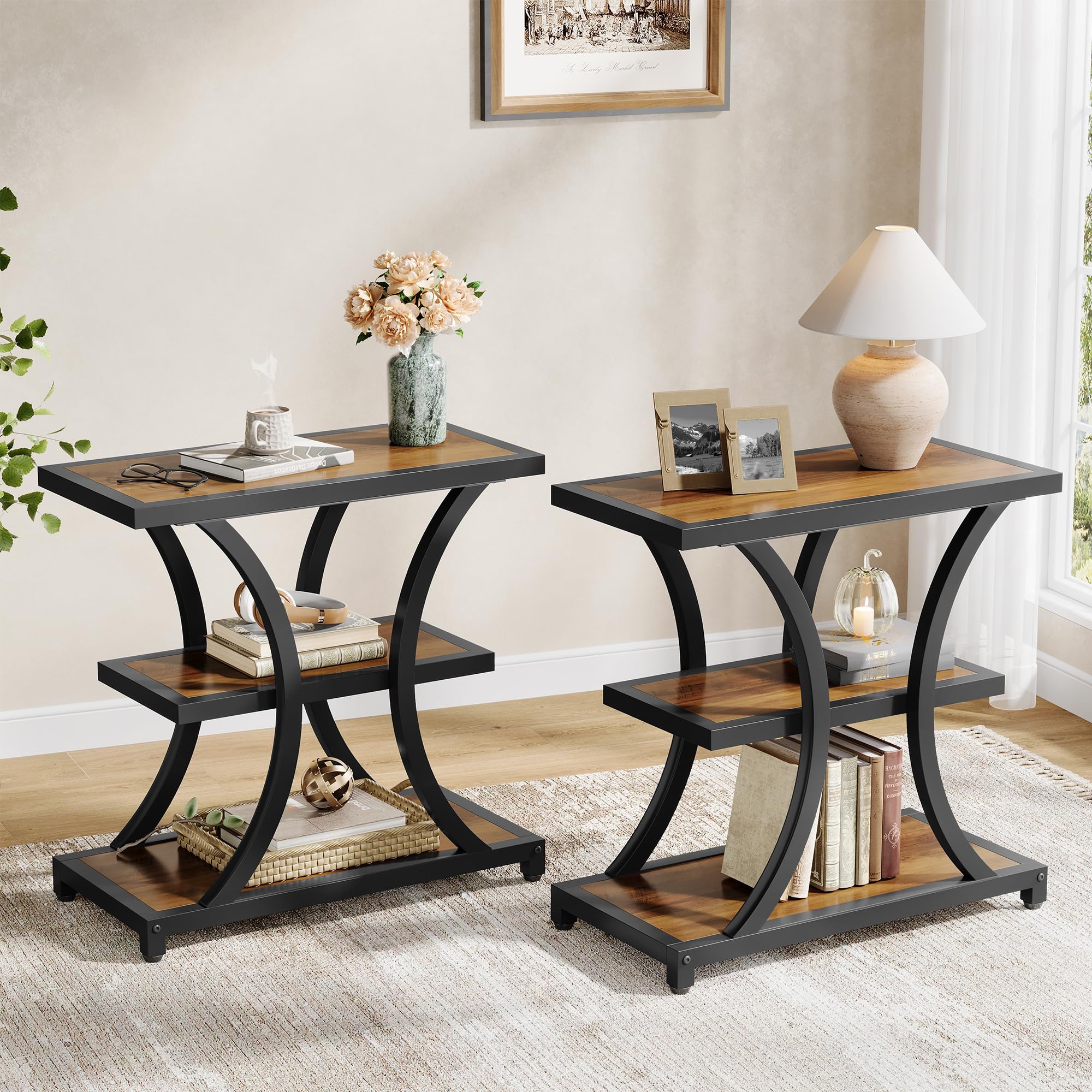 Tribesigns End Table with Storage, 3-Tier Side Table with Geometric Metal Design, Industrial Nightstand for Small Spaces, Living Room, Bedroom, Study Room (Rustic Brown)