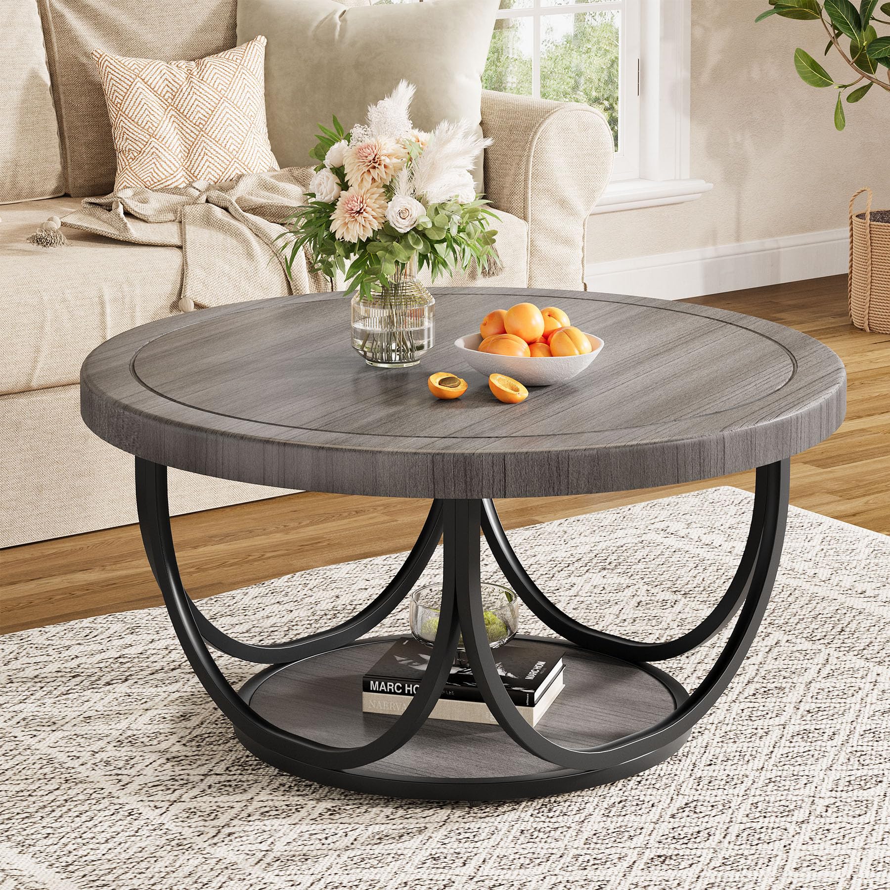 Tribesigns Round Coffee Table with 2 Tiers, 31.5" Wooden Circle Accent Cocktail Table with Storage Shelf and Metal Frame, Industrial Center Tables for Living Room, Brown & Black