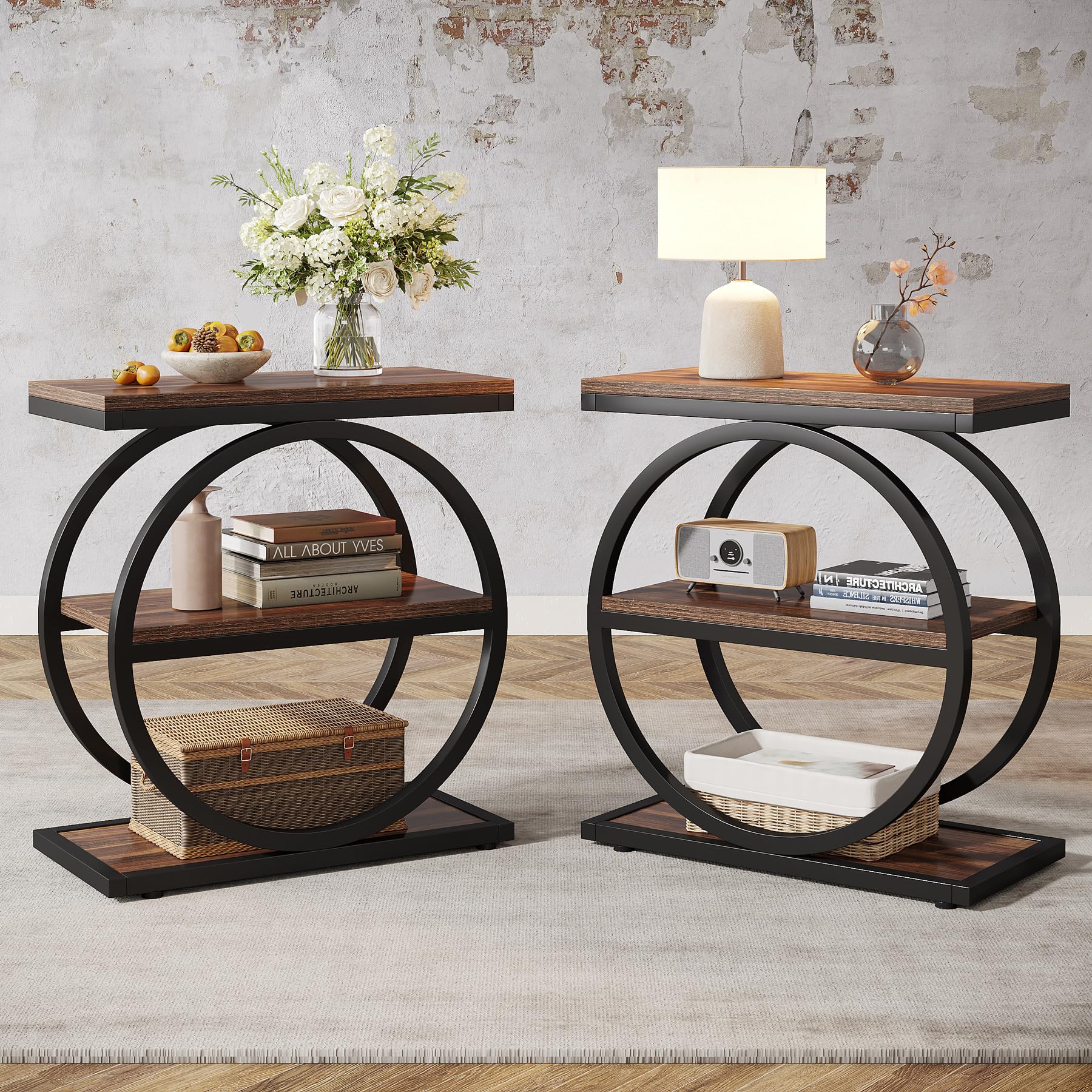 Tribesigns End Table, Narrow End Table with 3 Storage Shelves, Wood Side Table with Black Metal Frames, Industrial Small Sofa Side Table for Living Room, Grey Nightstand and Bedside Table for Bedroom
