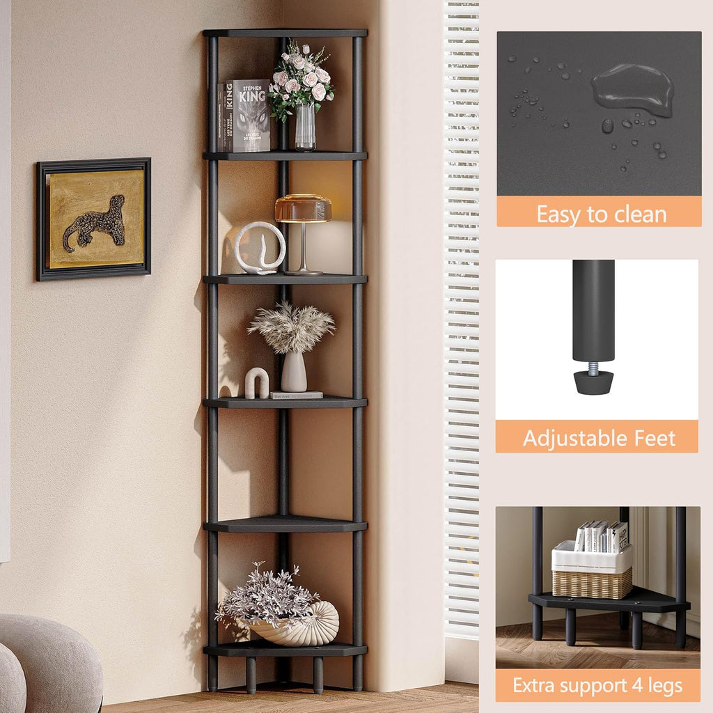 6-Tier Black Corner Shelf, Tall Display Bookshelf & Plant Stand