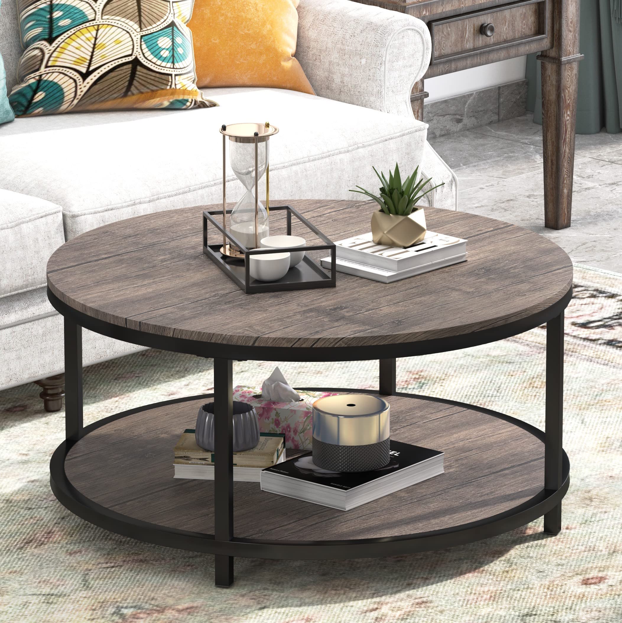 WiberWi Round Coffee Table 35.8" Rustic Vintage Industrial Design Furniture Sturdy Metal Frame Legs Sofa Table Cocktail Table with Storage Open Shelf for Living Room, Easy Assembly, Dark Brown