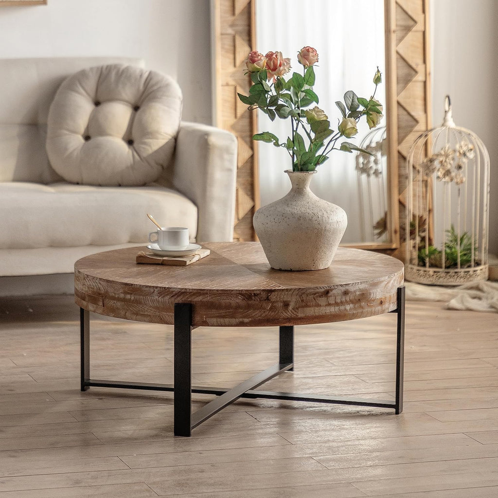 Splicing Round Coffee Table, Retro Style with Fir Wood Top