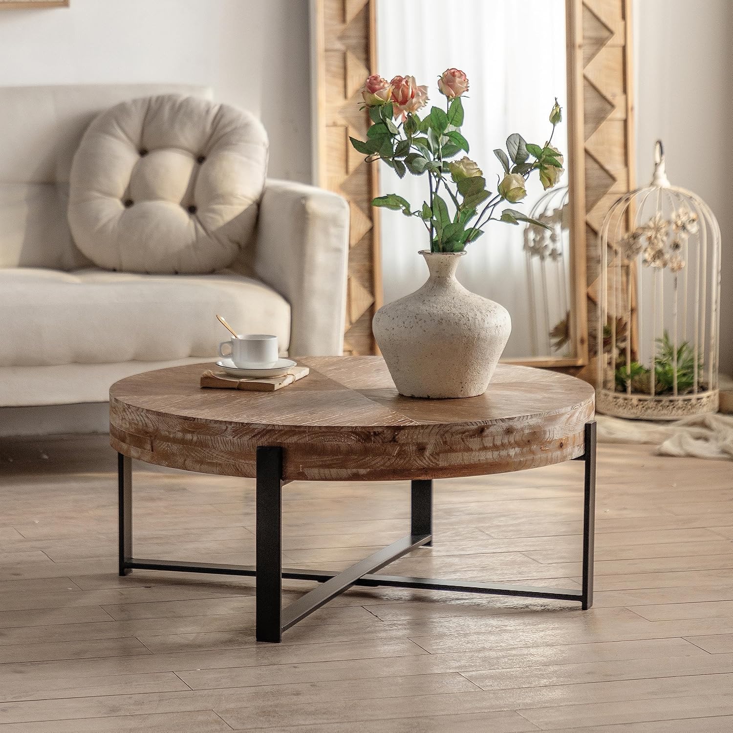 Splicing Round Coffee Table, Retro Style with Fir Wood Top