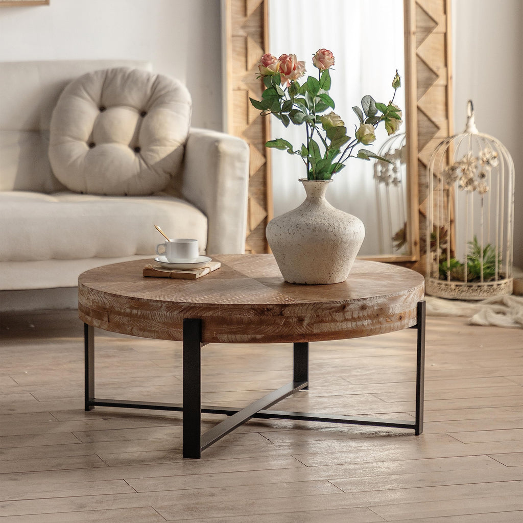Splicing Round Coffee Table, Retro Style with Fir Wood Top
