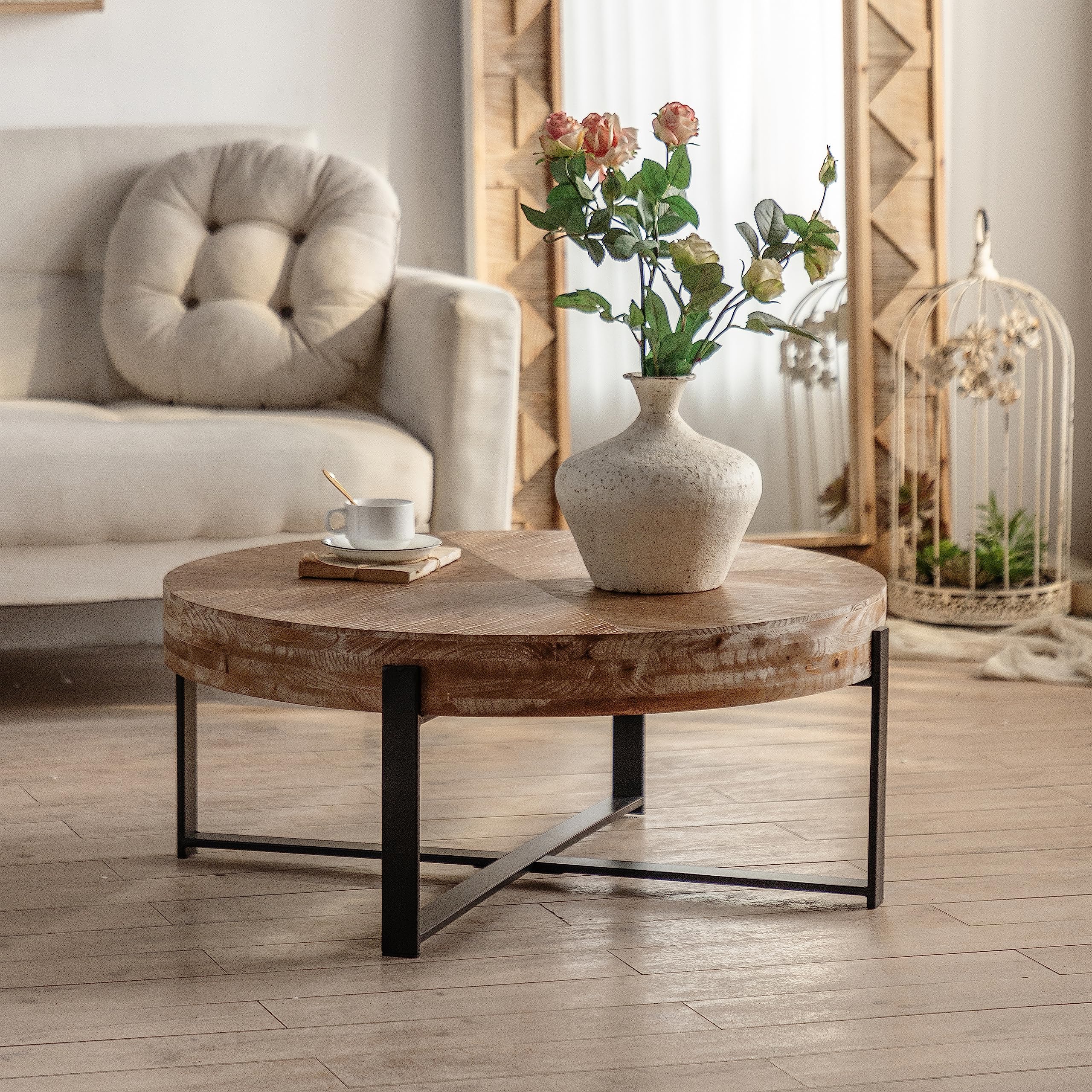 Splicing Round Coffee Table, Retro Style with Fir Wood Top