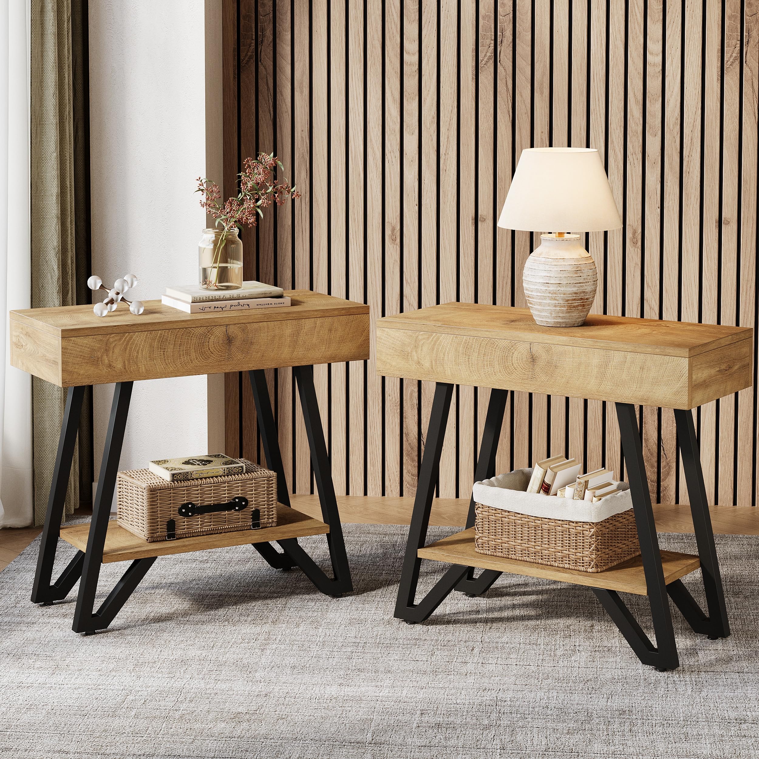 Tribesigns Metal End Side Table for Living Room, 2-Tier Narrow Couch Side Table with Storage Shelves, Small Bedside Nightstand for Bedroom, Small Spaces, Natural
